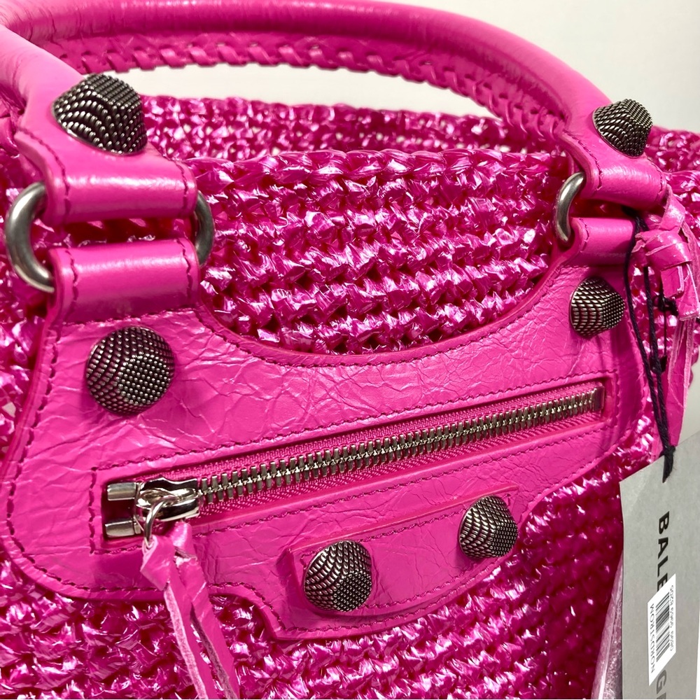 Balenciaga Small Le Cagole Nylon Raffia Tote Pink NWT - Picture 12 of 17
